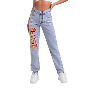 Shein Straight Leg 11.5” Baggy Letter Graphic Ripped Jeans Y2K Love Light